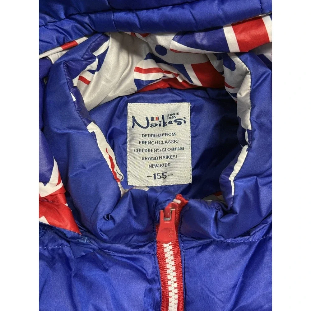 Naissi Jacket Boys 12-13 Blue Hooded Puffer Union Jack Flag Lining Zip Pockets